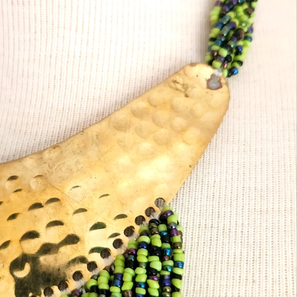 Hand Hammered Brass, Green and Blue Beaded Statement Necklace - Picture 8 of 16